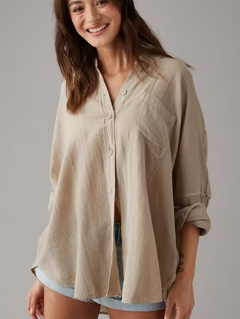 American Eagle Soft Relaxed Beach Oversized Button-Up Shirt In Cream Beige XL